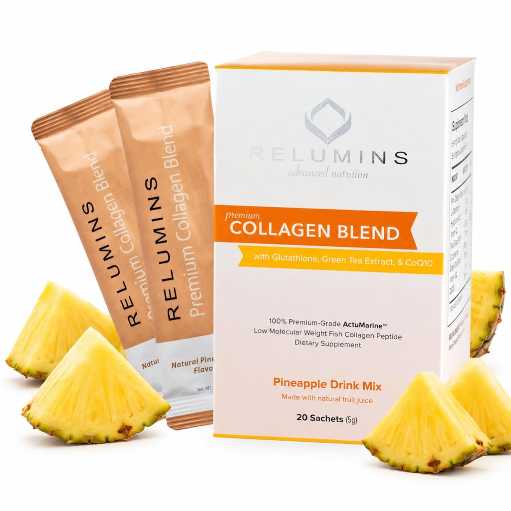 Relumini marin kolagen v prahu mešanica – kolagen peptid z glutationom, zelenim čajem, CoQ10, in hialuronska kislina poveča sijaj kože – 100 vreč v prahu x Ananas arome + 10 prostih vrečk
