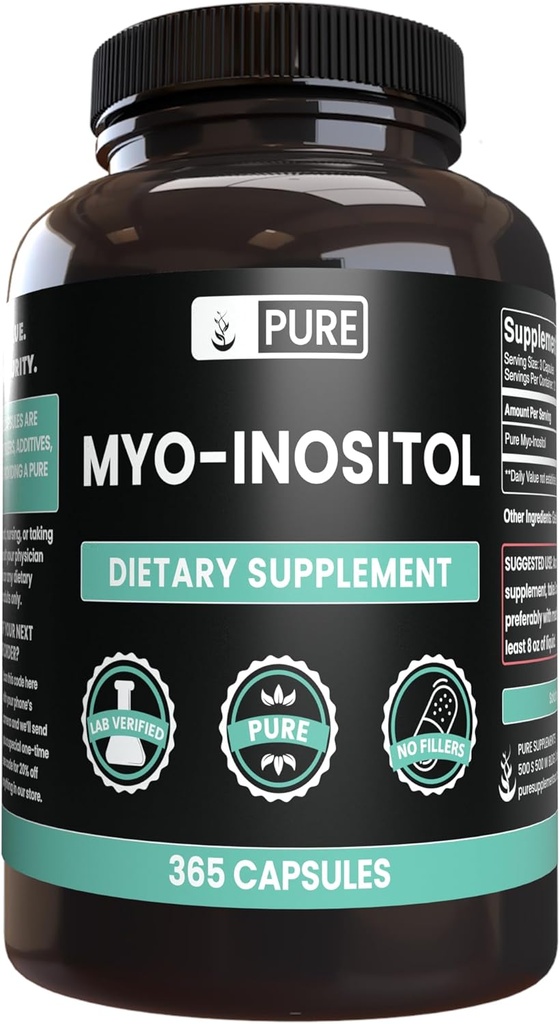 Čiste izvirne sestavine Myo-Inositol (365 kapsul) Brez magnezija ali riževih polnil, vedno čista, laboratorij preverjen