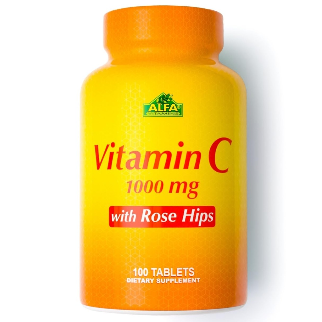 ALFA VITAMINI Vitamin C z Rose HIPS s 1000 mg vitamina C na strežbo - Antioksidant in imunodinamska podpora + Podpira zdrave kože in sklepov - Ne GSO, Vegan, Gluten Free, Dairy Free - 100 Tablete