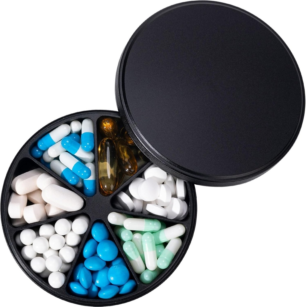 Kovinske tablete Dispenser tablete Organizator s 7 Kompartmenti - Težka dajatev proti mix tablete vsebnik, Velika vodoodporna dnevno tabletke Primer tablete za vitamin, Medicina, Dopolnilo, ribje olje, 0.39lb (črna)