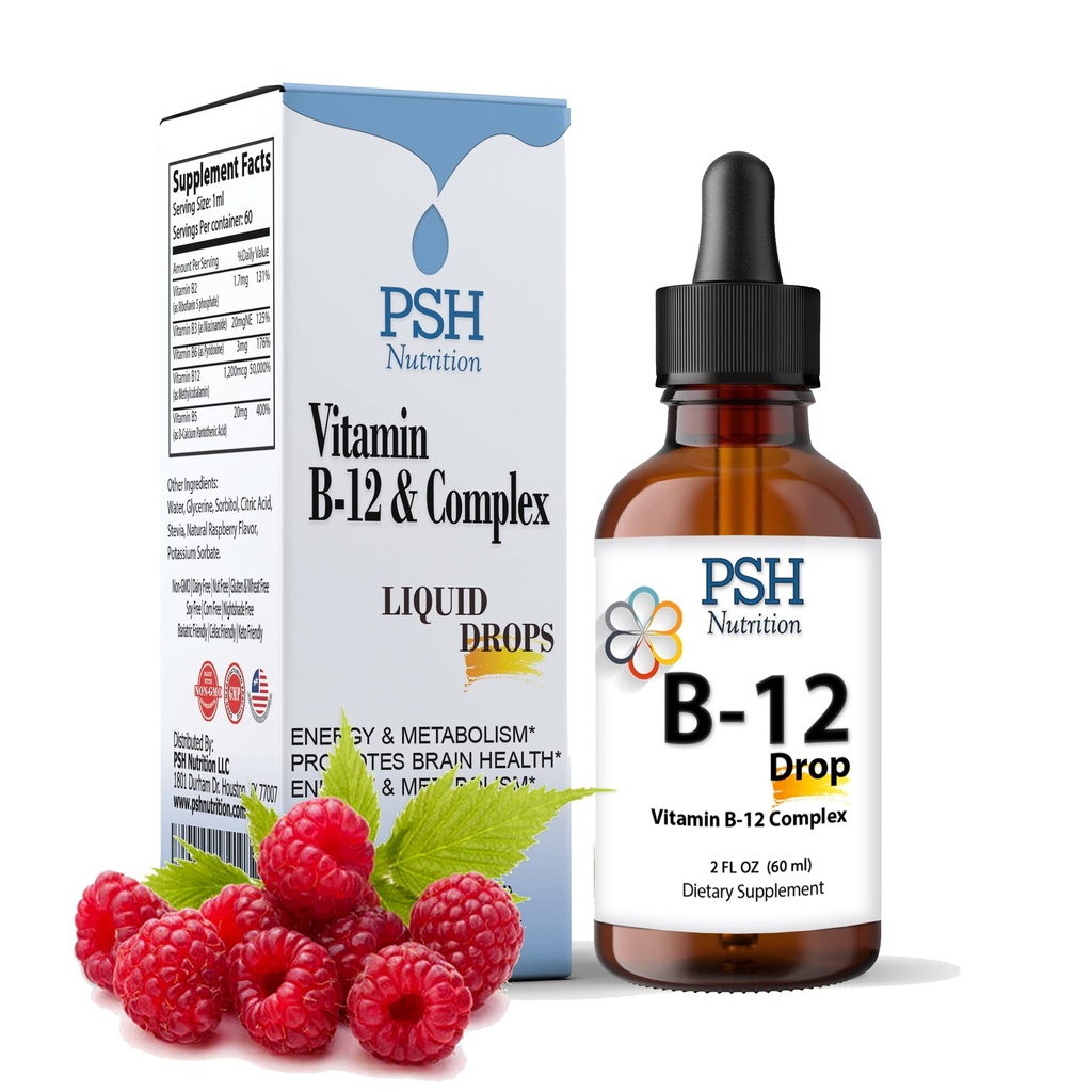 Premium PSH B Kompleksne tekoče kapljice z B12 - Naravne energije Booster - ZDA Made Supplement for Energy and Focus Stress Relief and Energy and Immune Support - 2 fl oz