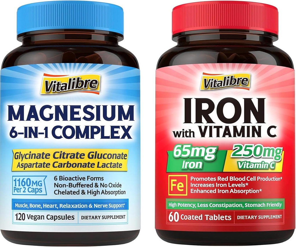 Dodatki železa z vitaminom C 60 tablete & 6 v 1 Magnezijev kompleks Dodatek 120 kapsule