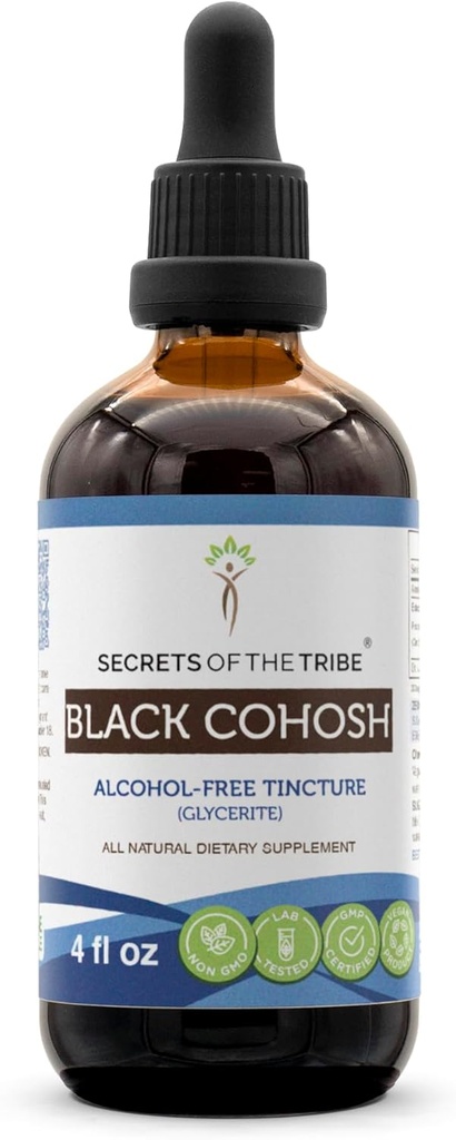 Skrivnosti Tribe Black Cohosh Tincture Alkohol-free Extract, visokopotenzivne zeliščne kapljice, Tinktura izdelana iz odgovornega gojenega črnega Cohosh (Cimicifuga Racemosa) Suhi koren 4 oz