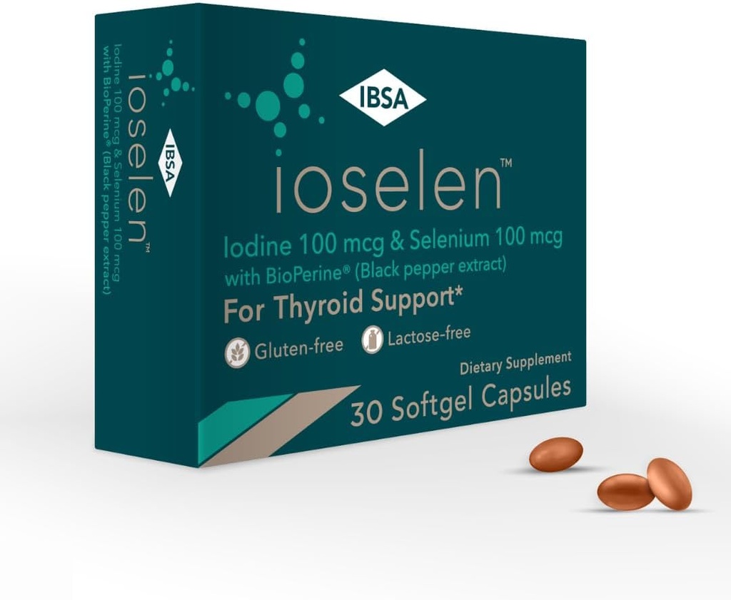 Ioselen – dodatek za podporo ščitnici – 100 mcg Selen, 100 mcg Iodin, 5 mg BioPerin - 30 mehkih pokrovčkov za večjo biorazpoložljivost in absorpcijo - brez glutena, brez laktoze, brez sladkorja, brez GMO
