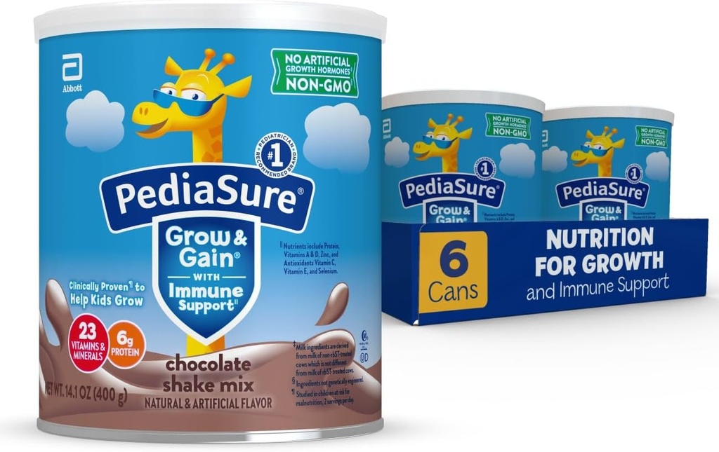 PediaSure Goy & Gain z imunosubvance Shake Mix Powder, 23 Vitamini & Minerali, 6g beljakovine, Ne-GMO, Gluten-free, Otroška prehrana, Čokolada, 14,1 oz Can, pakiranje 648 odmerkov