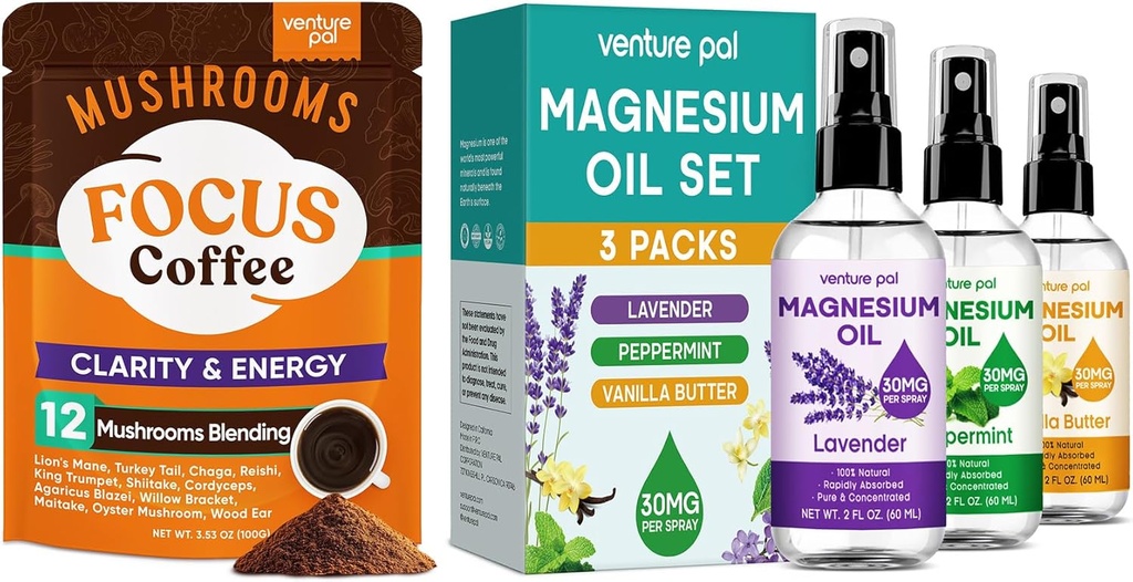 Coffee & Magnezie Oil Spray Bunded: 12 v 1 Kava z Ashwagandha za fokus in imuniteto + 3 Packs Pure Magnezies Spray za sprostitev, Sleep & Muscle Relief - 40 Servings