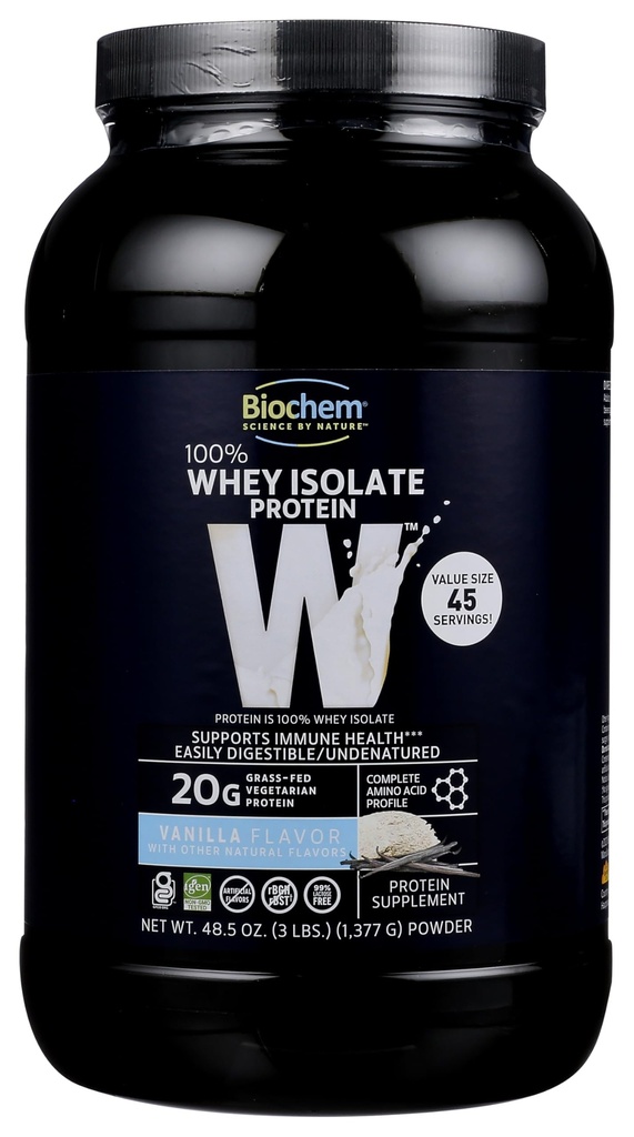 Biochem 100% sirotkinega izolata beljakovin v prahu, arome vanilije, 20g beljakovin s hranilom trave, keto prijazno, brez glutena, enostavno prebavljiv, vegetarijanec, 48.5 oz, 45 servingov