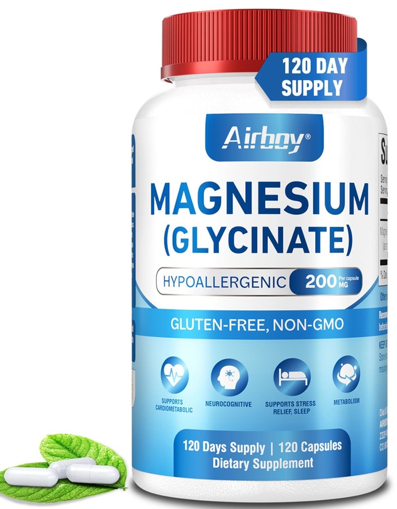 Airboy Magnezij Glycinate 200 mg, Najboljši Magnezij Glycinate za spanje,120 Vegan majhne kapsule, Visoka Absorpcijska podpora Sprostitev, spanje in miren Mood,Non-GMO in brez glutena