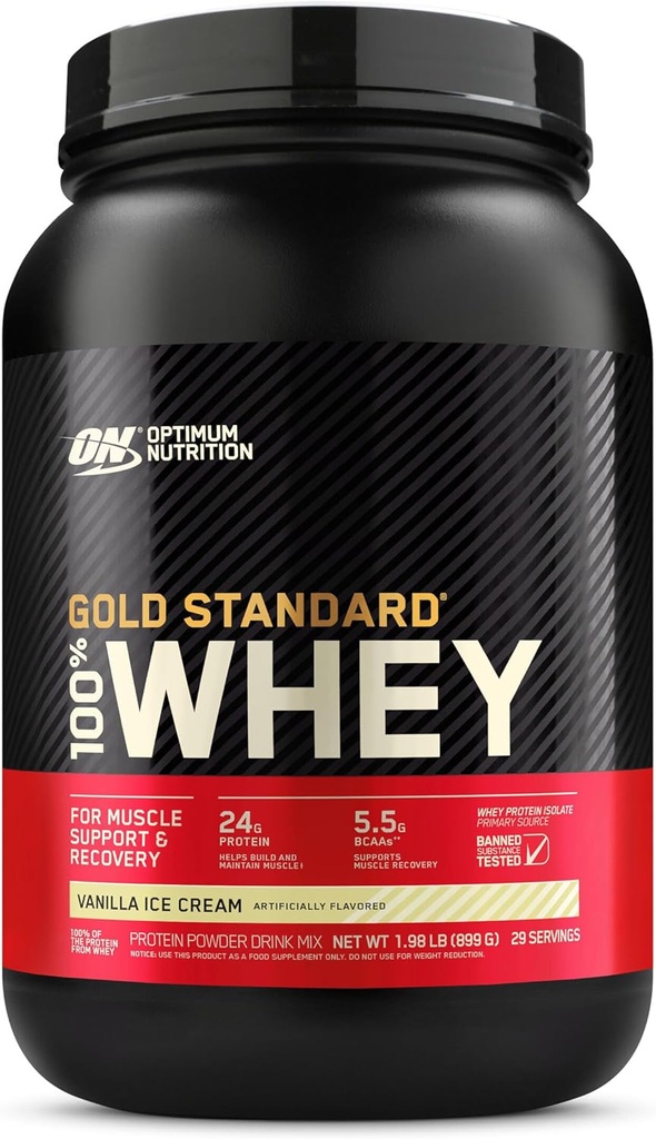 Optimum Nutrition Gold Standard 100% Whey Protein Powder iz sirotkinih izolatov, Vanilla sladoled - 2 funta