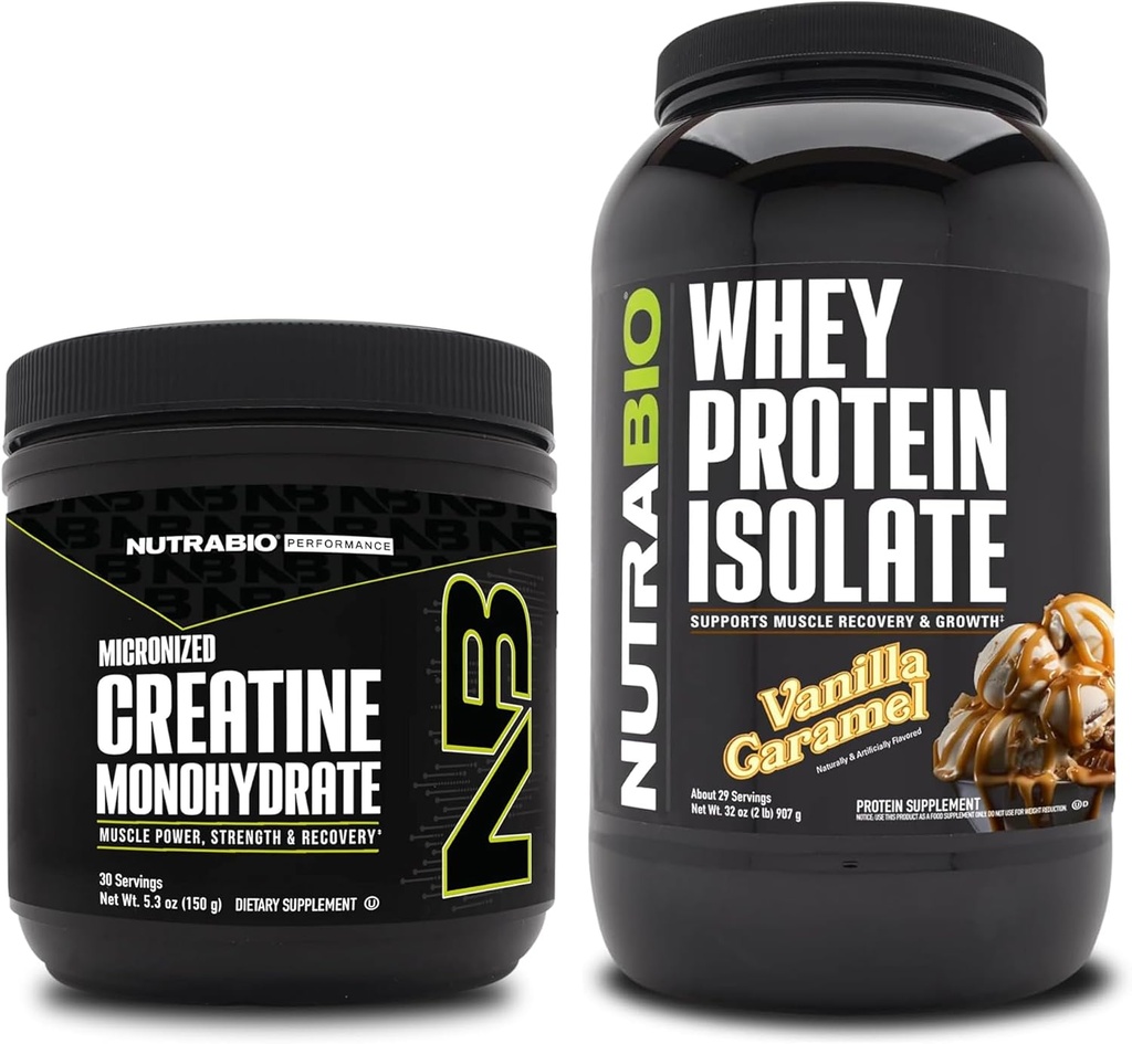 NutraBio Kreatin Monohidrat, brez arome, 150g in sirotkinega proteina izolat, Vanilla Caramel, dopolnilo - mišična energija, rast, okrevanje in moč