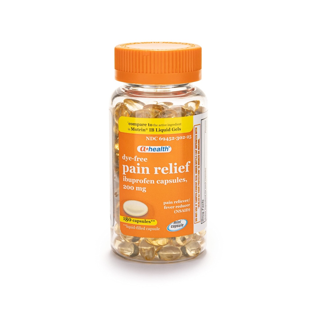 Ibuprofen brez barvila A+, 200 Mg Mini softgels, Reliever proti bolečinam in reduktor proti vročini (NSAID), 180
