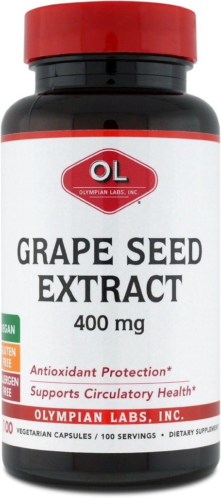 Olympian Labs Grozdno seme Ekstrakt 400 mg Kapsule, 100 Count podpirajo zdravje srca, Antioksidant Zaščita.