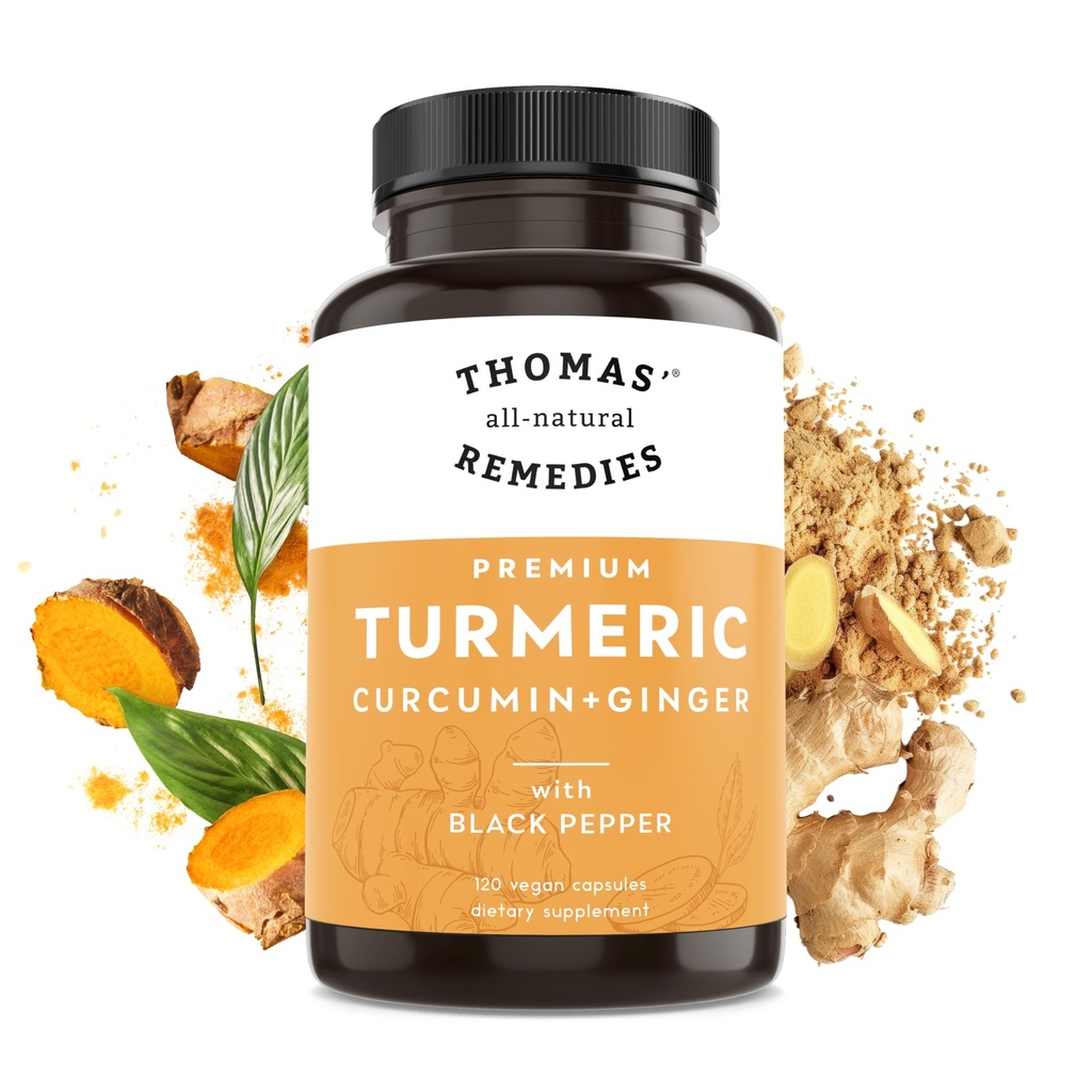 Thomas's all-natural Remedies Turmeric Curcumin in Ginger s črno papriko, Organic Curcumin Skupna podpora- 95% Curcumin - NO polnila, Vegan - 120ct