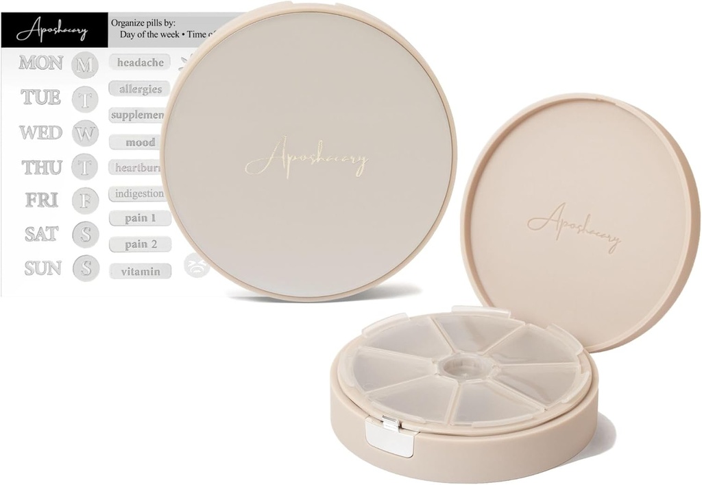 7 Kompartmenti tablete primeru, tablete Box, Daily tablete Organizator, Potovalne tablete Organizator, Zdravila Organizator, Prilagodljiv tablete Dispenser z nalepko nalepke (Pearl Cream)