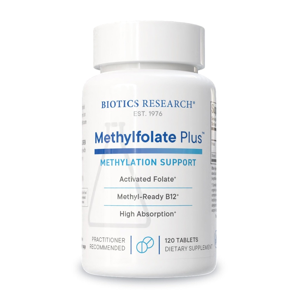 Biotics Raziskave METHILFOLATE PlusTM Metilfolat, Bioaktivni Folat + B12, Podpira kardiovaskularno zdravje, razvoj ploda, zdravje živcev, Metilacija Podpora, Homocystein ravni. 120 tablet
