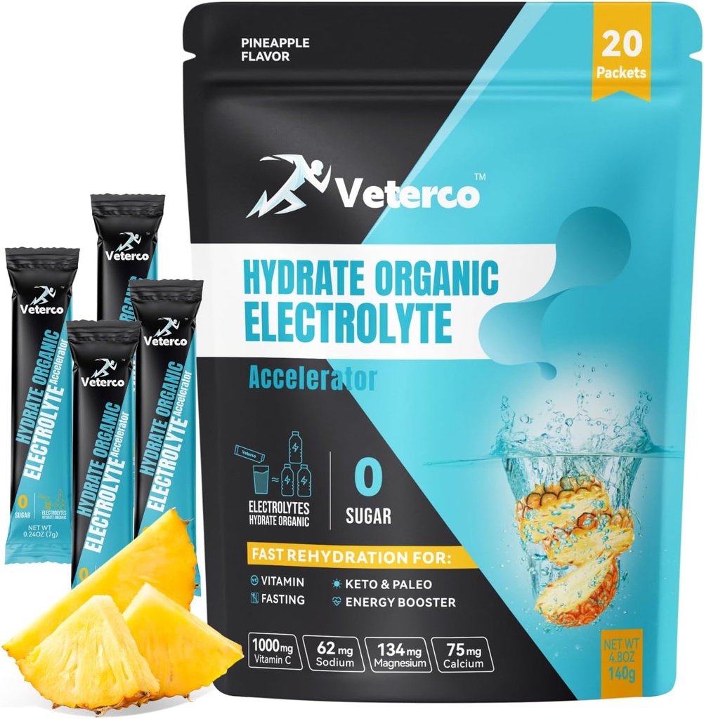 Hidracijski elektrolitski prašek, elektrolitski napitek, alkoholni dodatek za hidracijo, hidracijski paketi z vitaminom in mineralom, keto prijateljski, veganski, ne-GMO, brez sladkorja, Ananasov okus (20 palic)