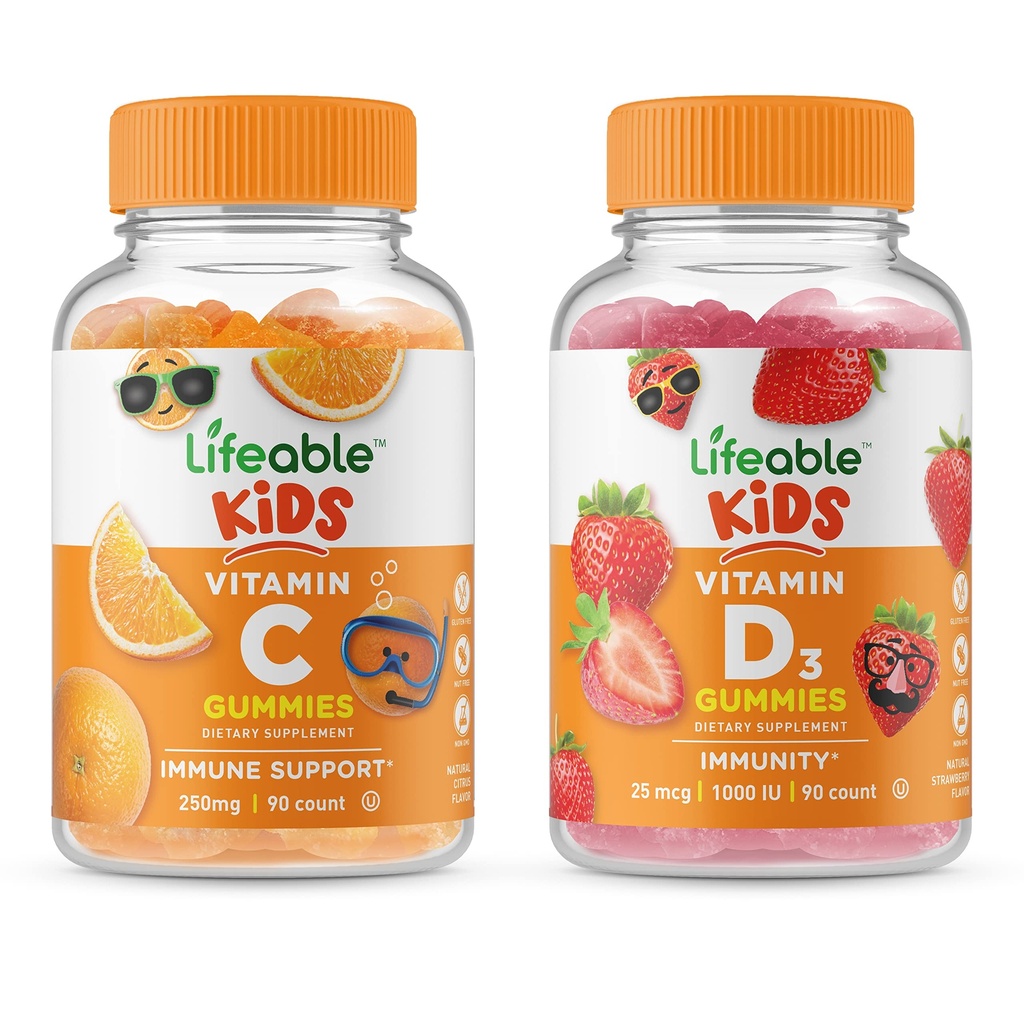 Življenjski vitamin D Otroci + Vitamin C Otroci, Gummies Bundle - odličen okus, Vitamin dodatek, Gluten brezplačno, GSO brezplačno, Žvečljivi gumi