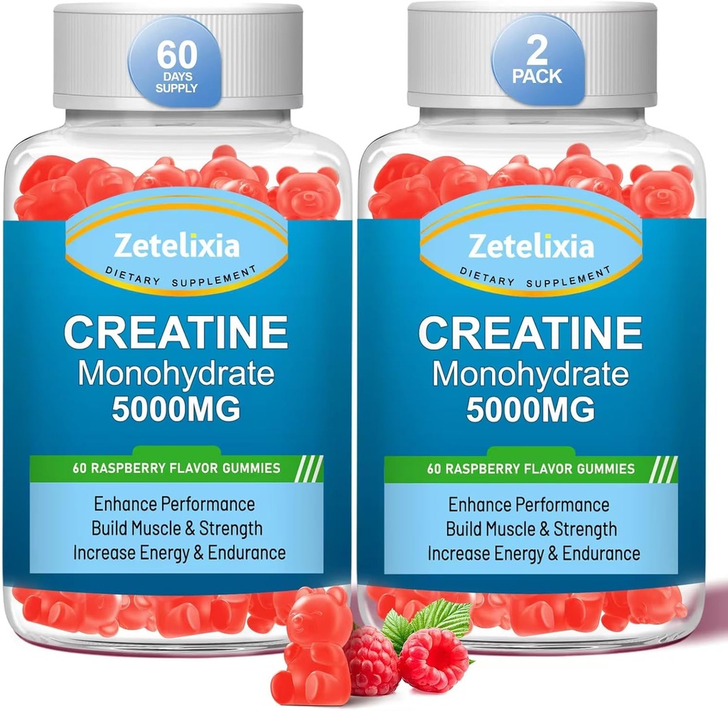 2 Pack Kreatin monohidrat Gumiji, Kreatin monohidrat za moške in ženske, Izboljšana formula z BCAA, Vitamin B12, Tavrin, Podpora mišic, Energy Boost, Sugar Free, Vegan, 120 Število