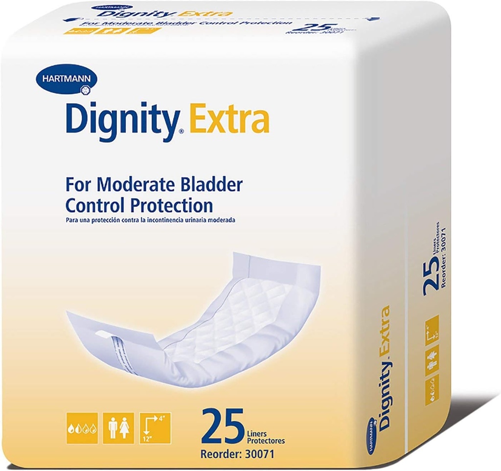 Dostojanstvo ekstra inkontinenca Liner za moške in ženske - Bladder Leak Pads, zmerno absorbcija - ena velikost ustreza najbolj, 4 v x 12 v, 25 Število, 1 pakiranje