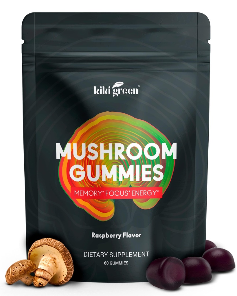 KIKI zelene gobe Gumiji z levjo grivo in 9 Adaptogeni Superživila Mešanica - Chaga, Red Reishi, Cordyceps, Shiitake, Black Fungus 