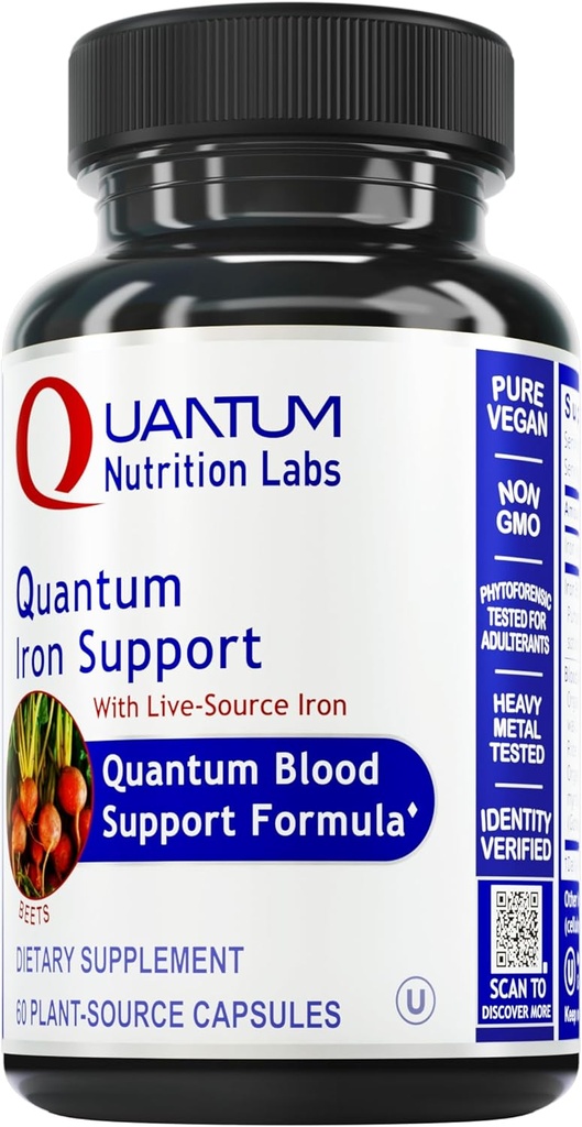 Quantum Nutrition Labs Iron Support - Iron Supplement for Women and Men, Vegan Iron Supplements, Nizki odmerek Nežno železo, naravno Izvira za podporo zdrave krvi - 60 Vegetarijanske kapsule