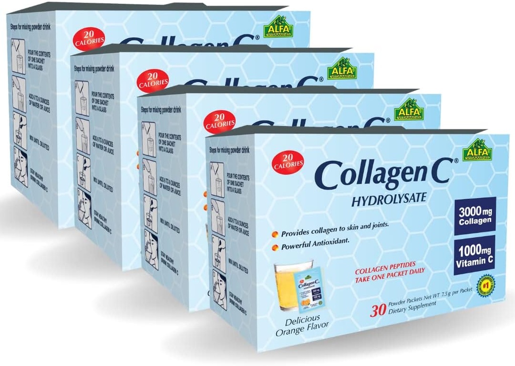 ALFA VITAMINS Kolagen C Peptide Hidrolizat v prahu dodatek, Vitamin C 1000mg, Gluten brez hidrolizirane kolagen za kožo, lase, nohte, Joint & Bone Support, Antioksidant, 30 vrečk na škatlo, 4 pakiranje