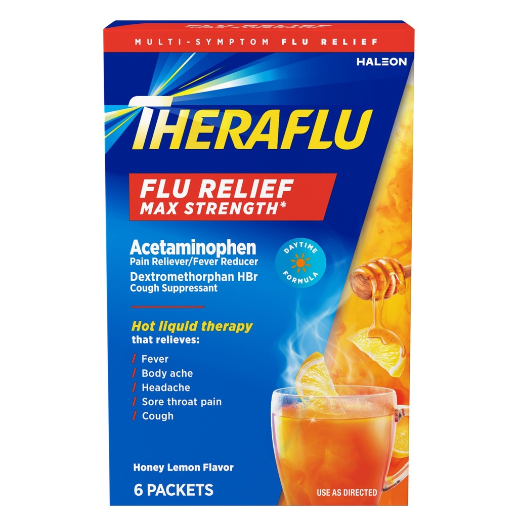 Teraflu Max Jakost Daytime Flu Medicina za gripo Symptom Relief z acetatfen in dekstrometorfan HBr, Medena limona arome - 6 Prašek paketi