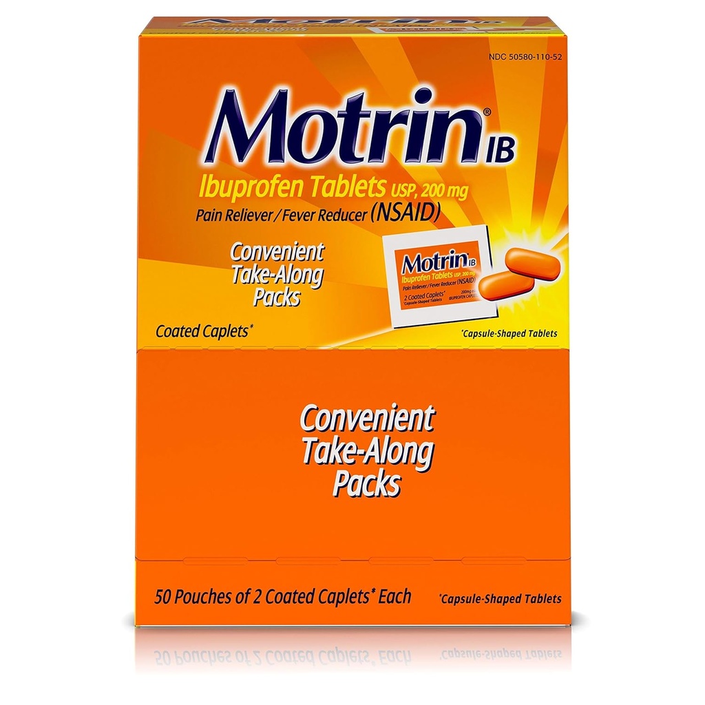 Motrin IB - Ibuprofen tablete, dve tableti na embalažo, 50 paketov skupaj, eno škatlo