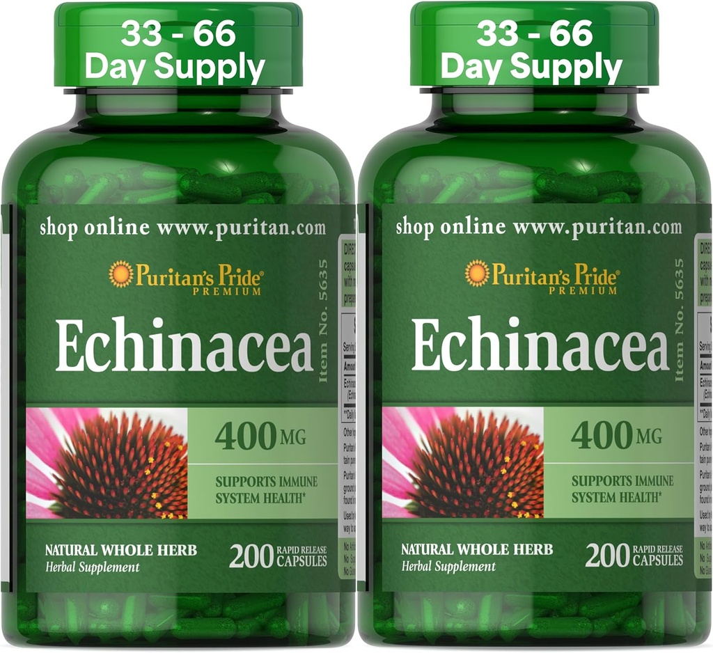 Puritan's Pride Premium Echinacea Natural Cel zeliščni dodatek 400mg, prehranski dodatek za zdravje, Podpora imunskega sistema, 200 kapsul za hitro sproščanje, 2 pakiranji