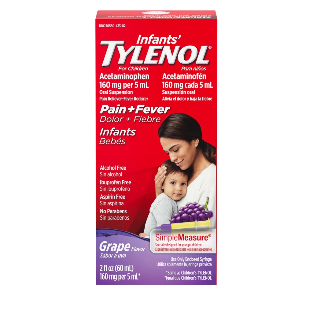 Dojenčki' Tylenol Liquid Pain Relief & Fever Medicine, peroralna suspenzija, Acetamofen za boleče grlo, glavobol & zob, Pain Reliever & Fever Reducer za otroke; Grozdni okus, 2 fl. oz.; Pakiranje po 1