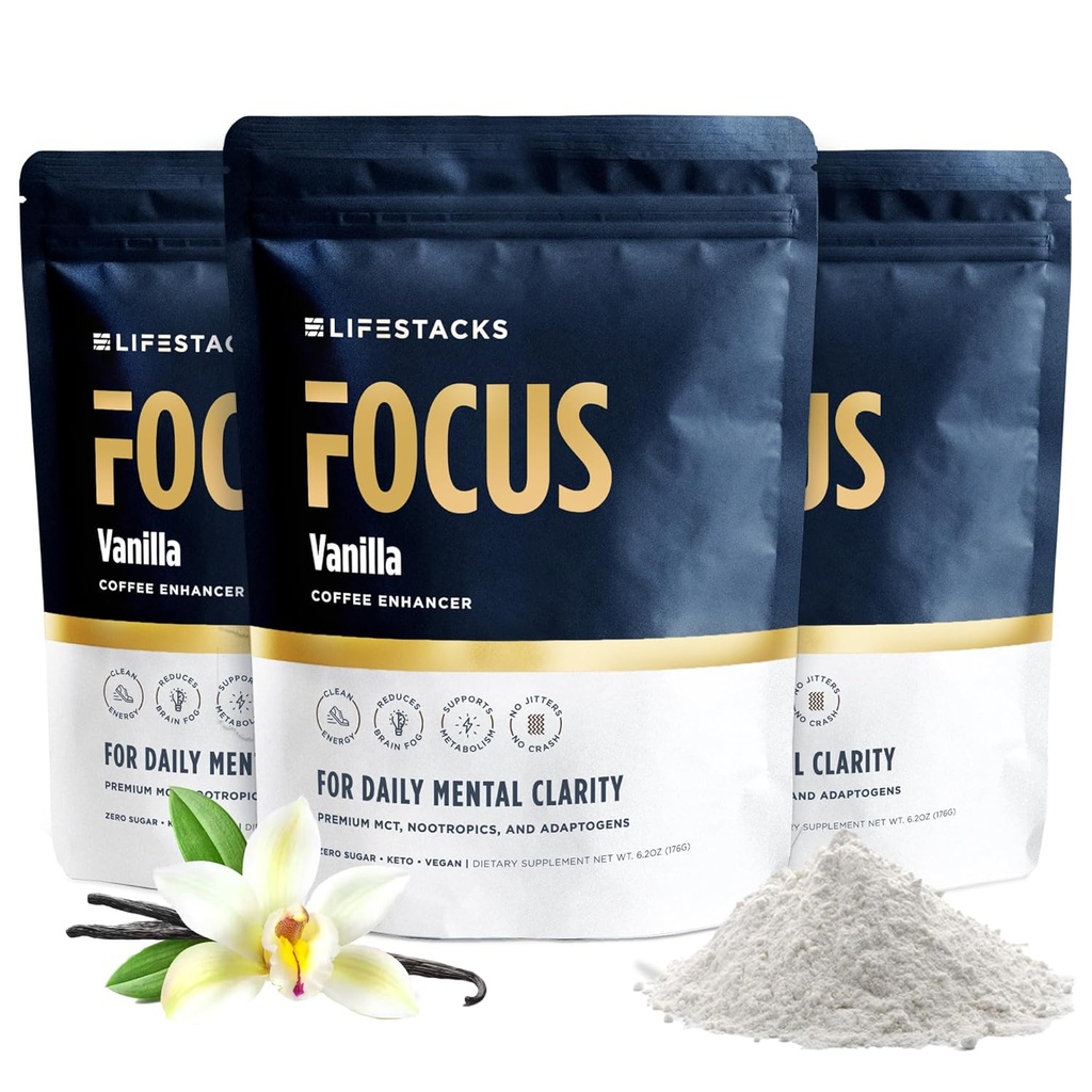 Vanilla MCT Oil 3-Pack - Boost Energy & Clarity - MCT Powder + Nootropics + Adaptogeni za povečano doživetje kave - Keto, Vegan, 0 Sladkor - s Tavrinom, L-Tirozinom, Rhodiola in več
