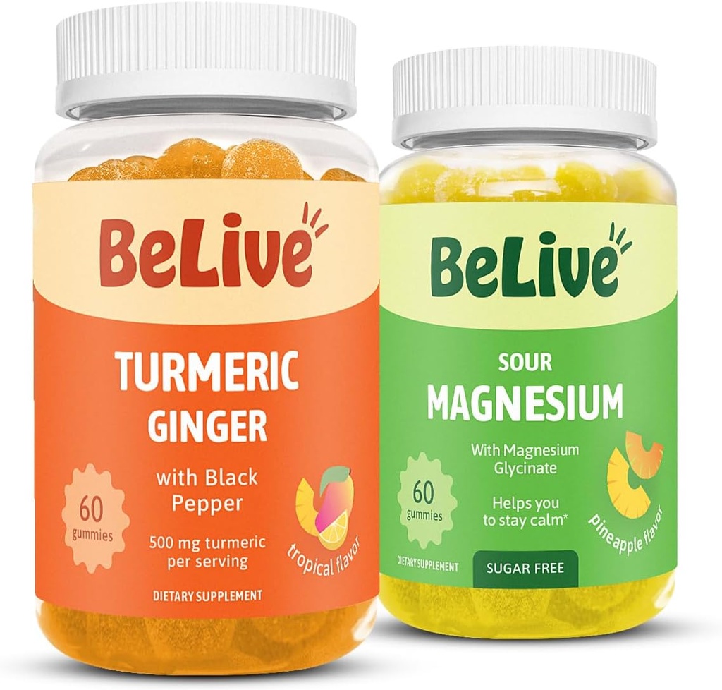 BeLive Bundle Magnezij in Turmeric Gummies za sprostitev, spanje, Inmune podpora in podpora mobilnosti