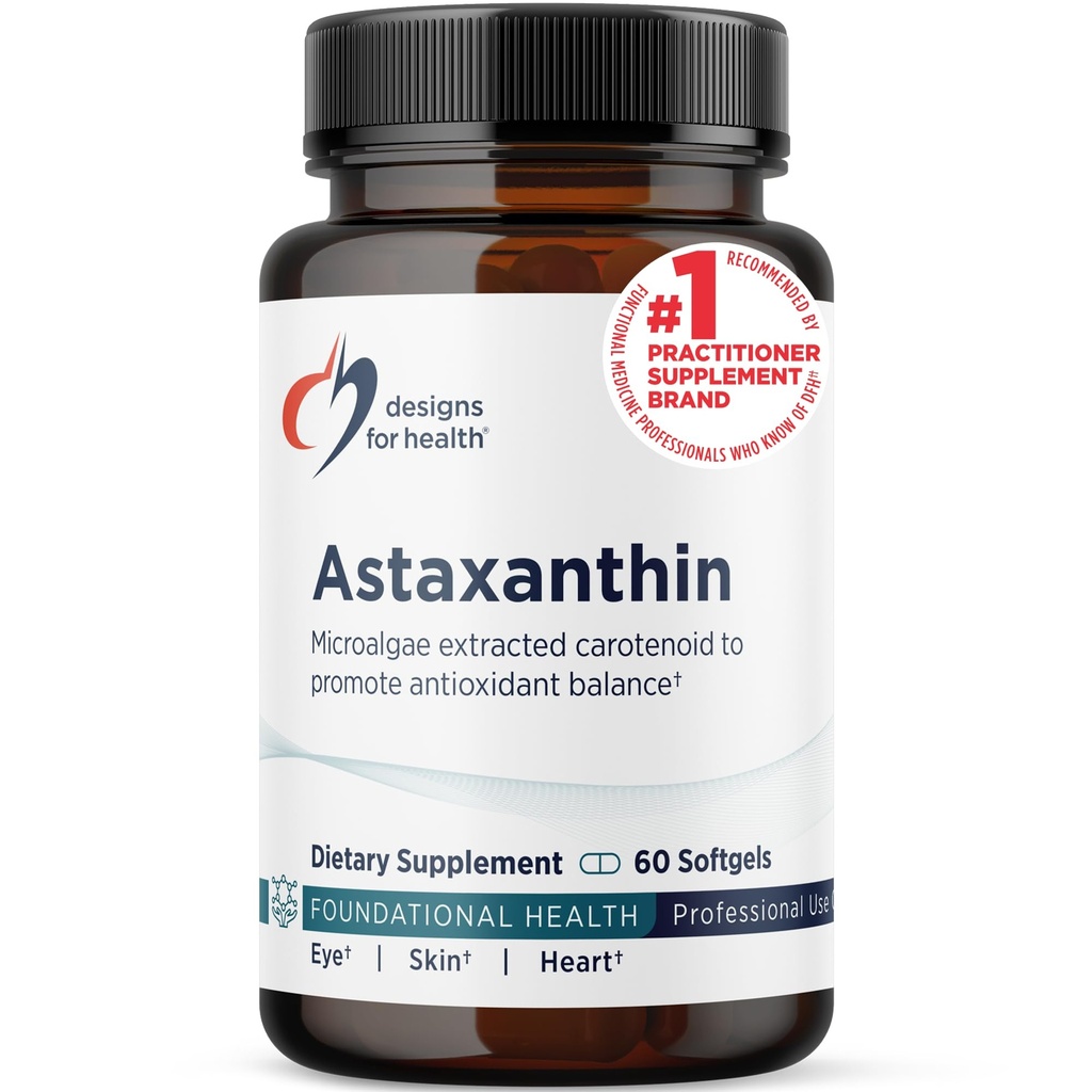 Designs for Health Astaksantin - Microalgee (Haematococcus Pluvialis) Izvlečeni karotenoid antioksidant dodatek - Podpora za kardiovaskularno, GI, kožo + zdravje oči (60 Softgels)