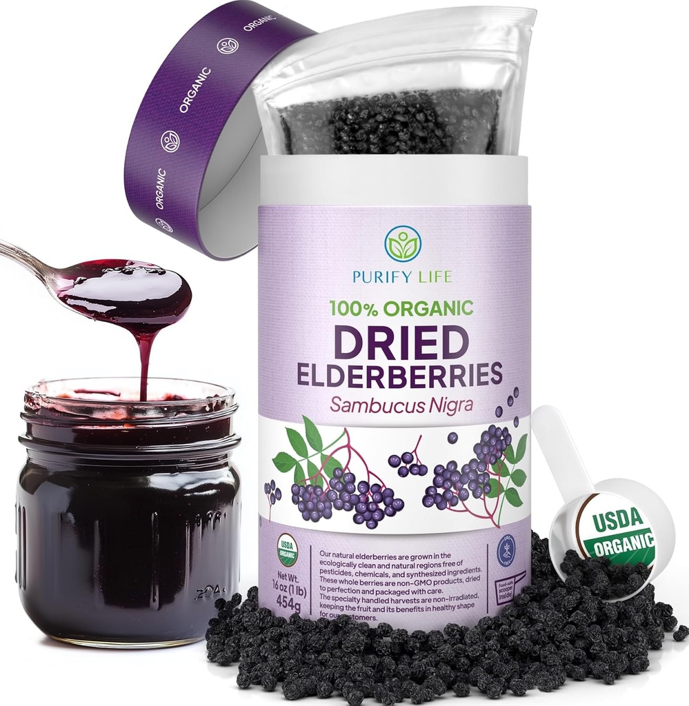 USDA Organske sušene bezgove jagode 1lb razsutem stanju (Varnostna embalaža, Reseable Bag, BPA-free Scoop) Naravna, neobsevana, Surova cela črna bezgova jagoda, Imunska podpora, Make Sambucus Elderberry Syrup, 1 funt