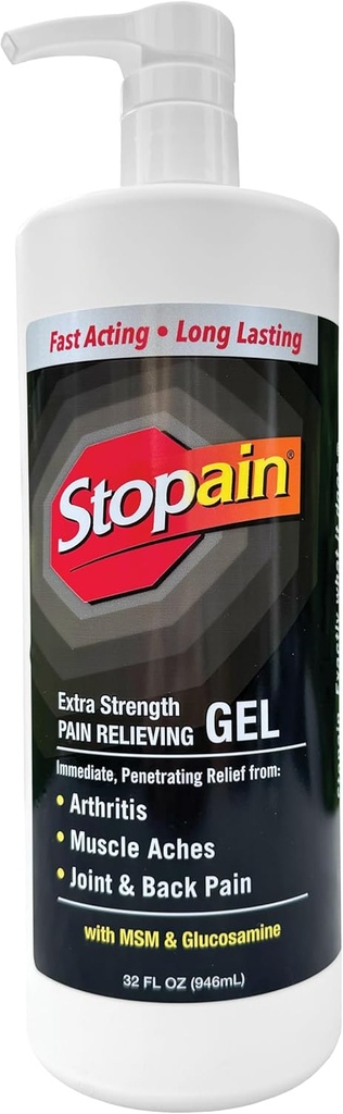 Stopain Pain Relief Gel 32oz, ZDA Made, Max Strength Fast Action with Mentol, MSM, Glukozamin for Joint Pain, Bolečina v hrbtu, Artritis, Koleno, Bolečina v vratu, HSA FSA Odobreno OTC Topic Analgesic Product