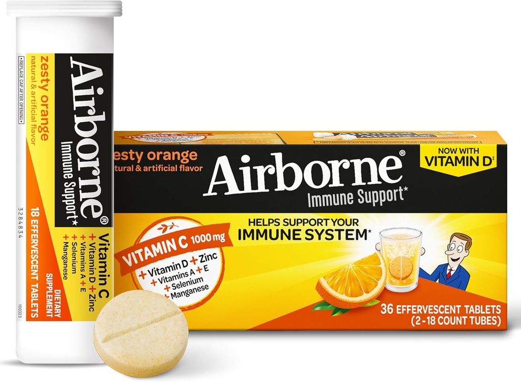 Vitamin C 1000mg (na obrok) - Zračne Zesty Orange šumeče tablete (36 število v škatli), Gluten-free Imune Support z vitamini A E, ZINC, Selen, Echinacea & Ginger