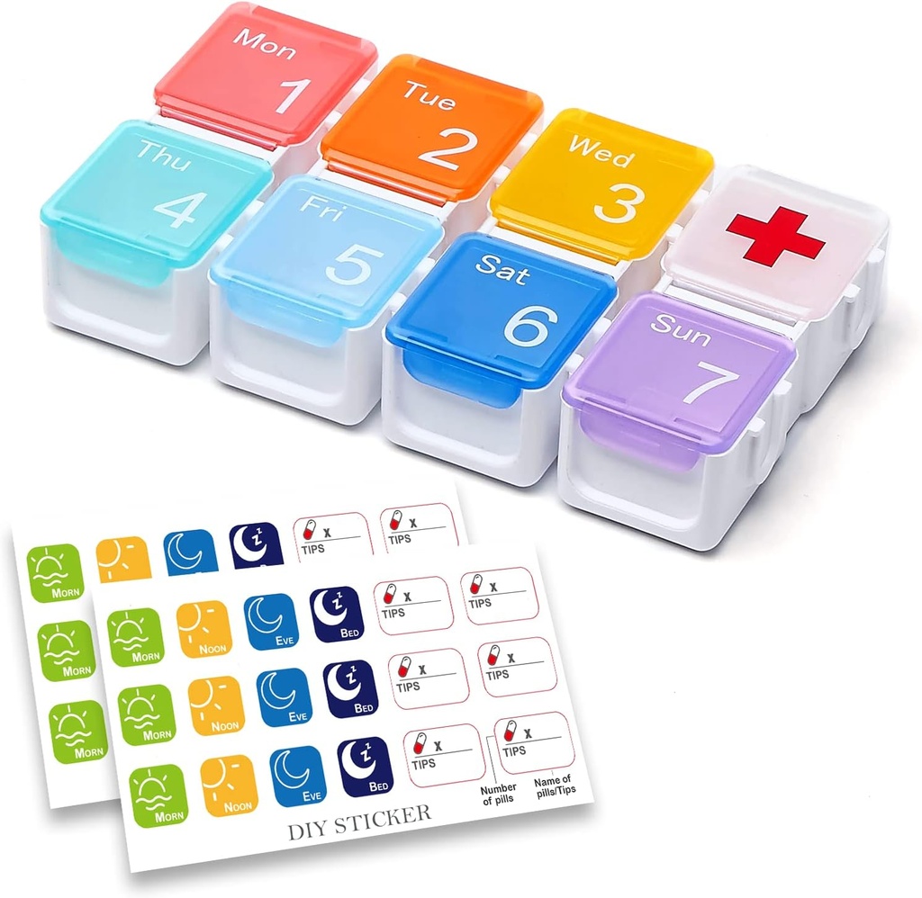 Medicina Organizator, DIY Travel Weekly Pill Organizator primer, Daily Pill Box/Container 7 dan, Tablete Dispenser/Vsebuje za vitamin/ribje olje (1 čas na dan, Rainbow)