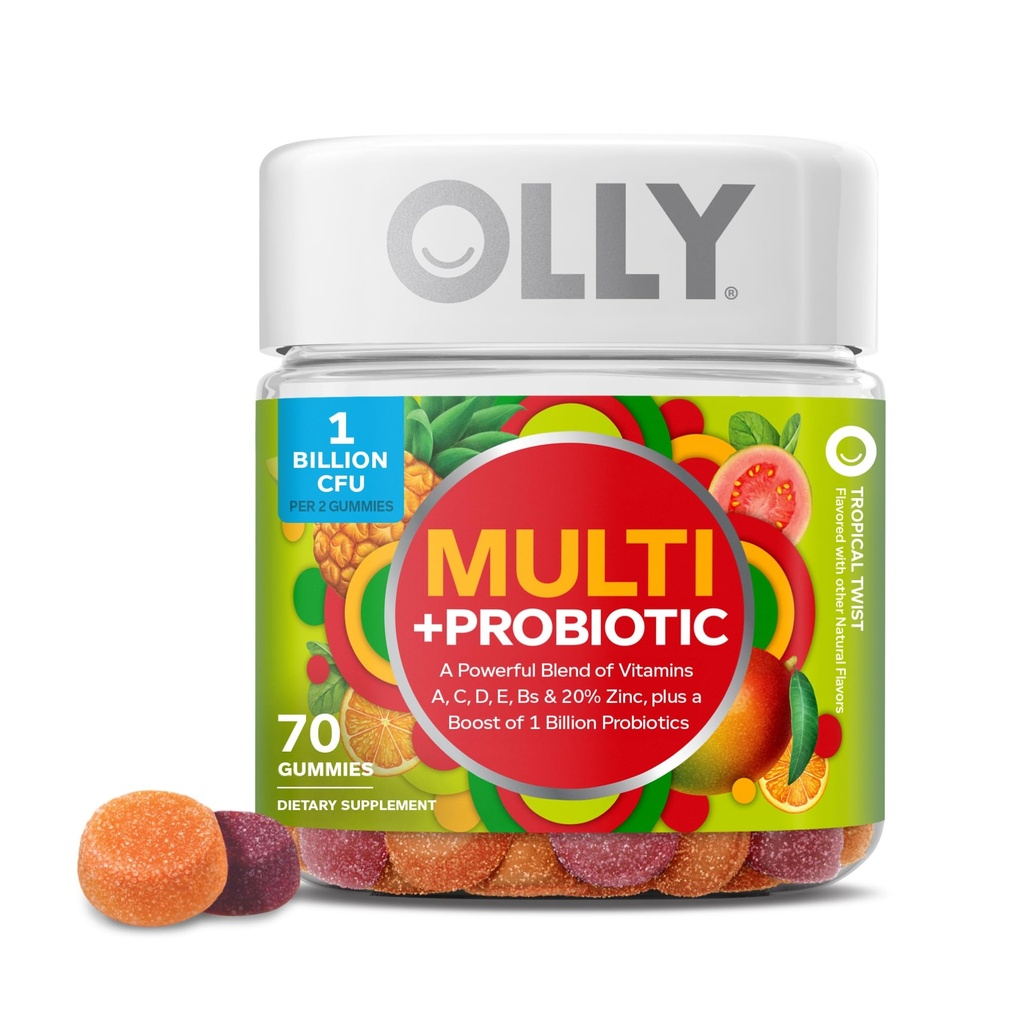 OLLY multi + probiotični odrasli multivitaminski gumi, digestivni in imunski sistem podpora,* Žvečljivi dodatek, tropski arome, 35 dnevna dobava - 70 Count