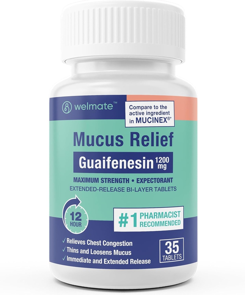 WELMATE - Guaifenesin 1200mg (35 tablet) - sluz Relief - Executiveorant - Cough & Cold - 12 Hr podpora - Razširjene- Release Bi-Layer tablete - Over-The-Counter medicines