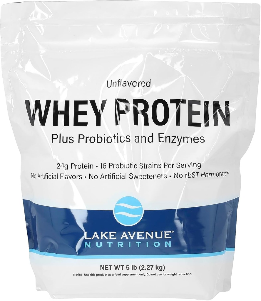 Lake Avenue Nutrition Whey Protein Plus probiotiki in encimi, brez arome, 5 lb (2,27 kg)