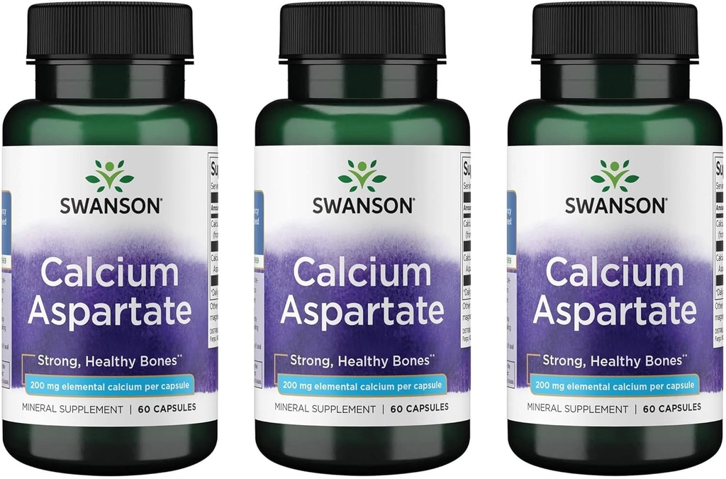 Swanson Calcium Aspartat - zeliščni dodatek za spodbujanje zdravja kosti, srca in mišic - naravna formula za spodbujanje celotnega telesa Wellness - (60 kapsul-200mg vsak) (3 pakiranja)