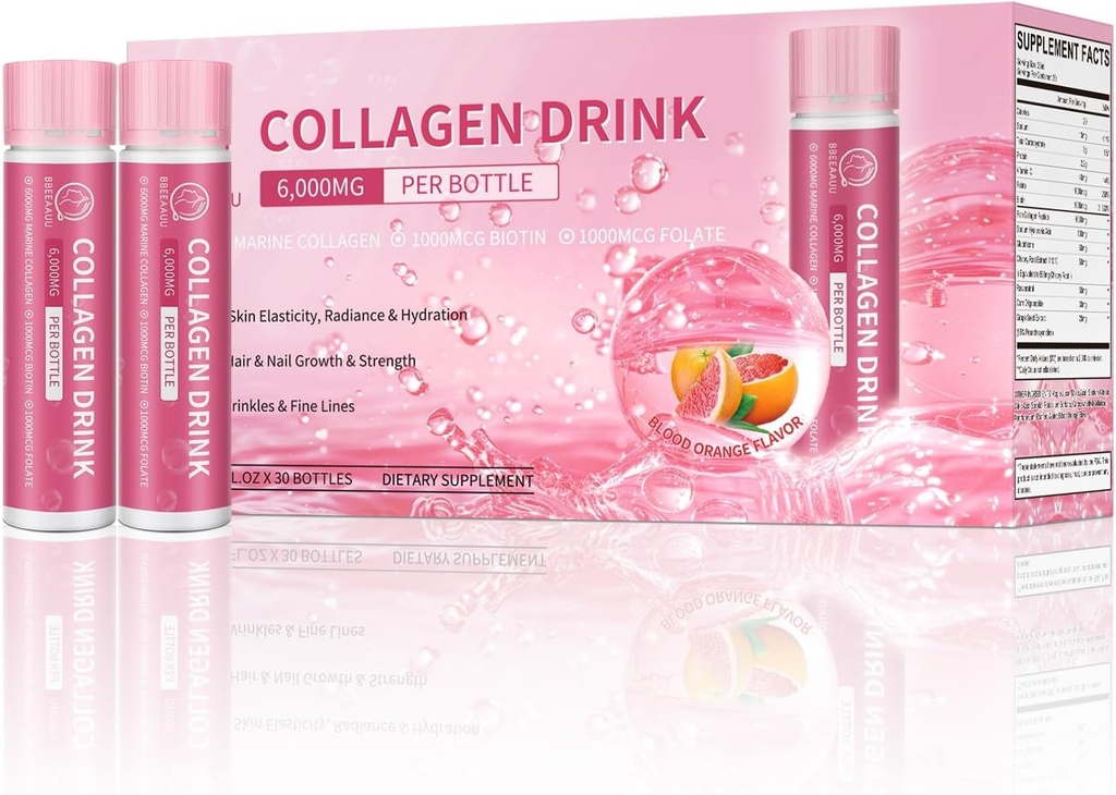 Kolagen Drink s 6000 mg Marine Collagen Peptides, Liquid Collagen Shots za ženske podporo lepote, kolagen dopolnila za kožo, lase in nohte Wellness, 0.85 Fl.Oz( 25 ml)x30 steklenice, kri oranžna