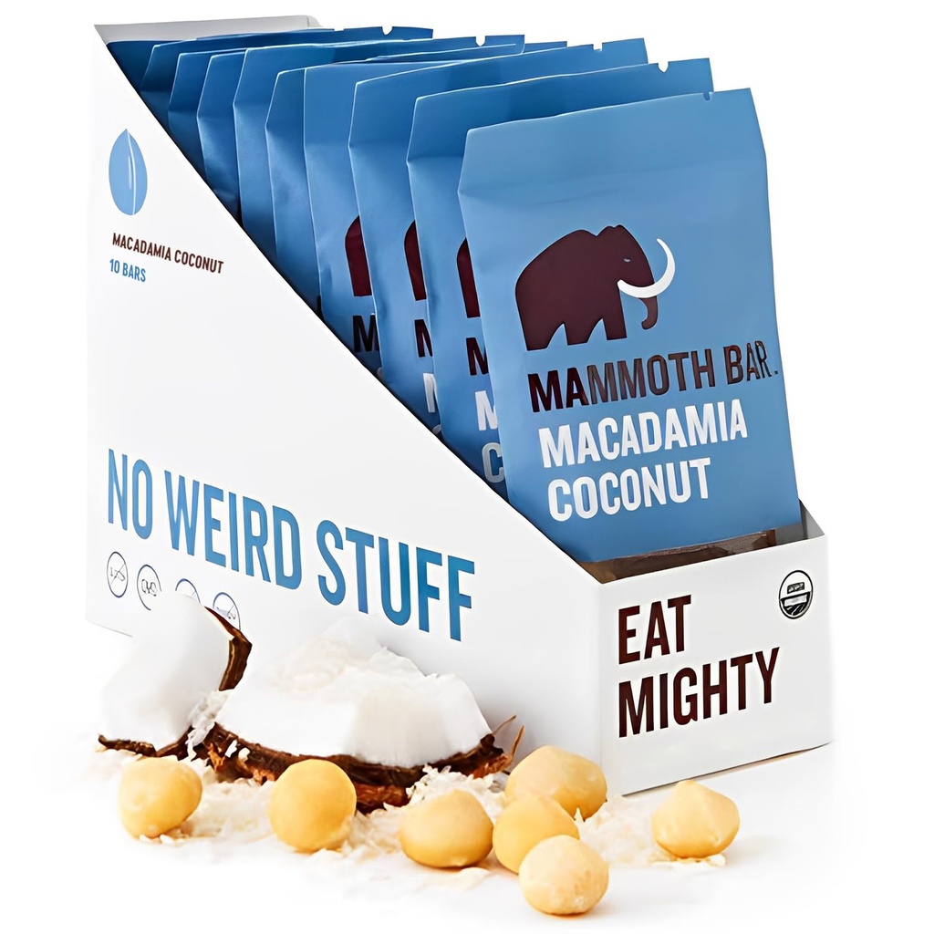 Mammoth Bar Macadamia Coconut Bar - 10 Organic Protein Bars - High Fiber • Paleo • Gluten brez • Jajčni proteini • brez GSO • Surovi • Premium Nuts • Prebiotični