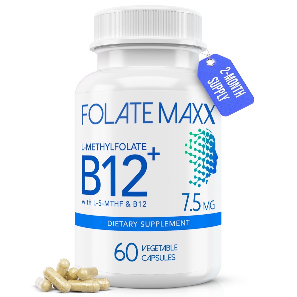 L-metilfolat + B12 Metilkobalamin Mešanica 7,5 mg - 60 Kapsule - Aktivna folna kislina & metilirana B12-5-MTFF & B12 Dodatek za moške in ženske - ne gensko spremenjeni organizmi, Gluten brez, brez polnil