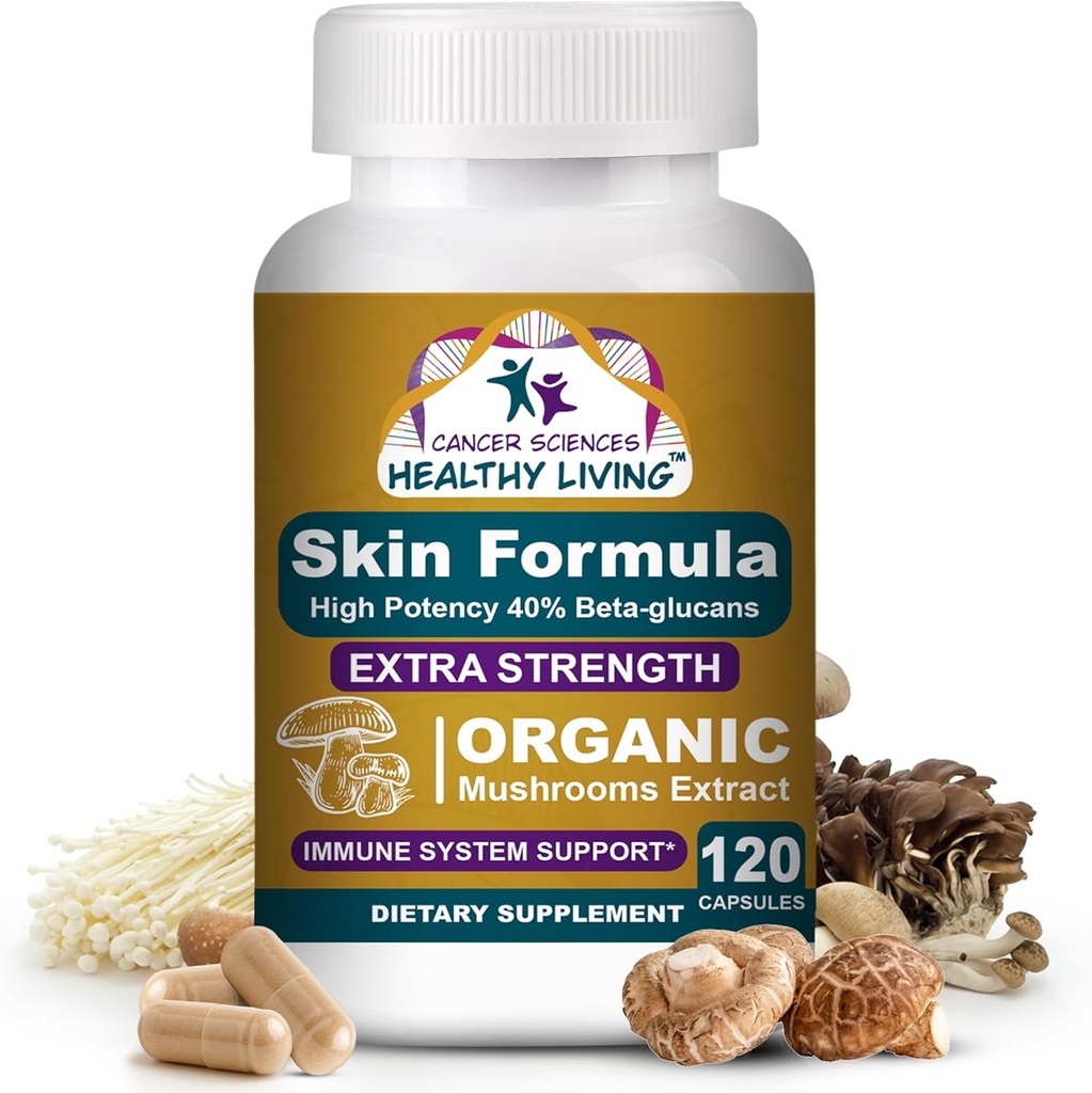 Sciences Cancer Skin Wellness Supplement, USDA Certified Organic Extract Gobe Dopolnilo, Dodatna moč 1500 mg, Visoka moč 40% Beta-glukani, Imunska podpora, Glowing Complexion, 120 Kapsule