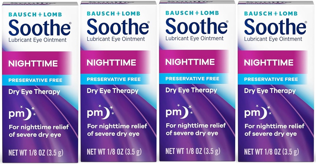 Soothe Eye Mazilo Bausch & Lomb, mazivo Relief za suhe oči, Vlaženje in udobje nočno suho oko terapija, primerno za občutljive oči, Ohranjevalno brezplačno, 3,5 g - 4 pakiranje