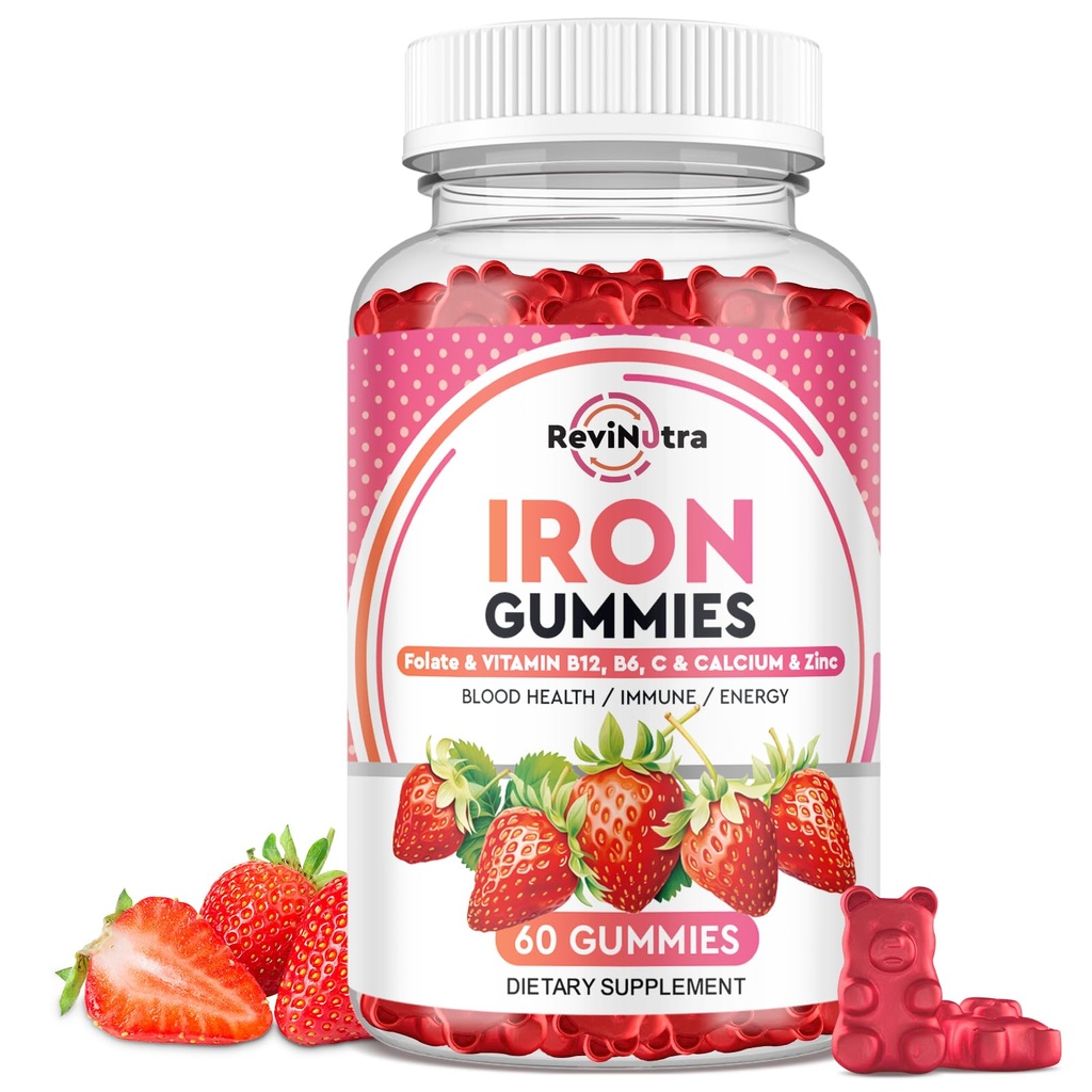 Železo Gumies - s kalcij, cink, Folat & Vitamin B12, C,B6 za odrasle & otroke - Blood Builder & Energy Support for Iron Deficiency, Anemija, Vegan - 60 Gummies