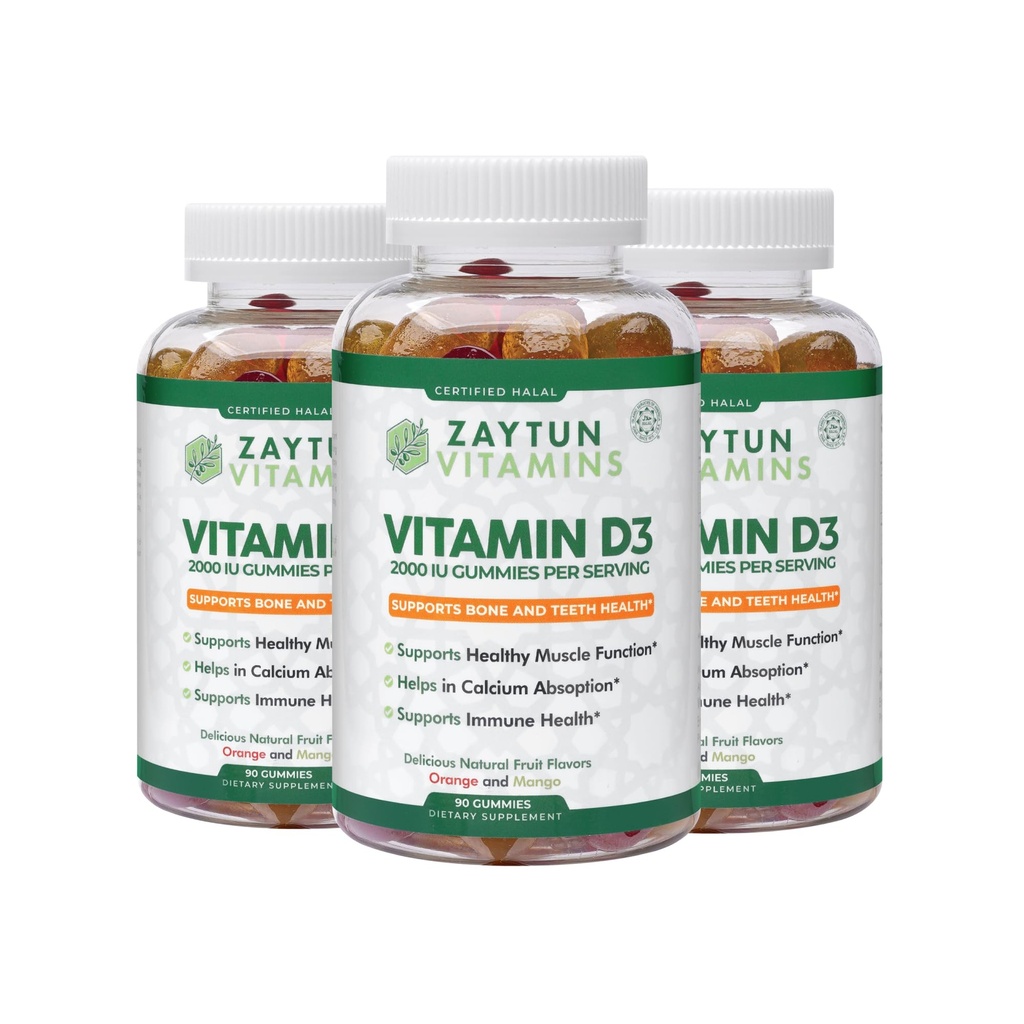 Zaytun Halal Vitamin D3 2000 IU Gumies, podpira zdravje kosti in imunskega sistema, spodbuja delovanje mišic, gluten in želatina brez, (3-Pack) - Made in USA