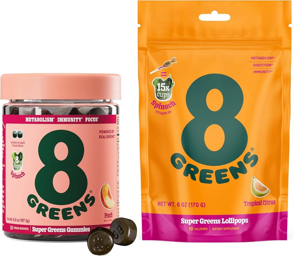 8Greens Daily Greens Gumies in lizike, Energy & Imunska podpora, Gluten-free, Vegan, Non-GMO, Brez umetnih barv in arom