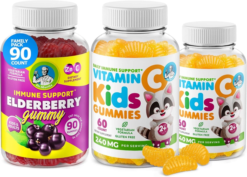 DR. MORITZ Vitamin C Gumies and Elderberry Gumies za otroke in odrasle - Imunska podpora nizkosladko žvečljivi Gumi Vitamini za malčke - Vegetarian Gelatin-free Otroški prehranski dodatek
